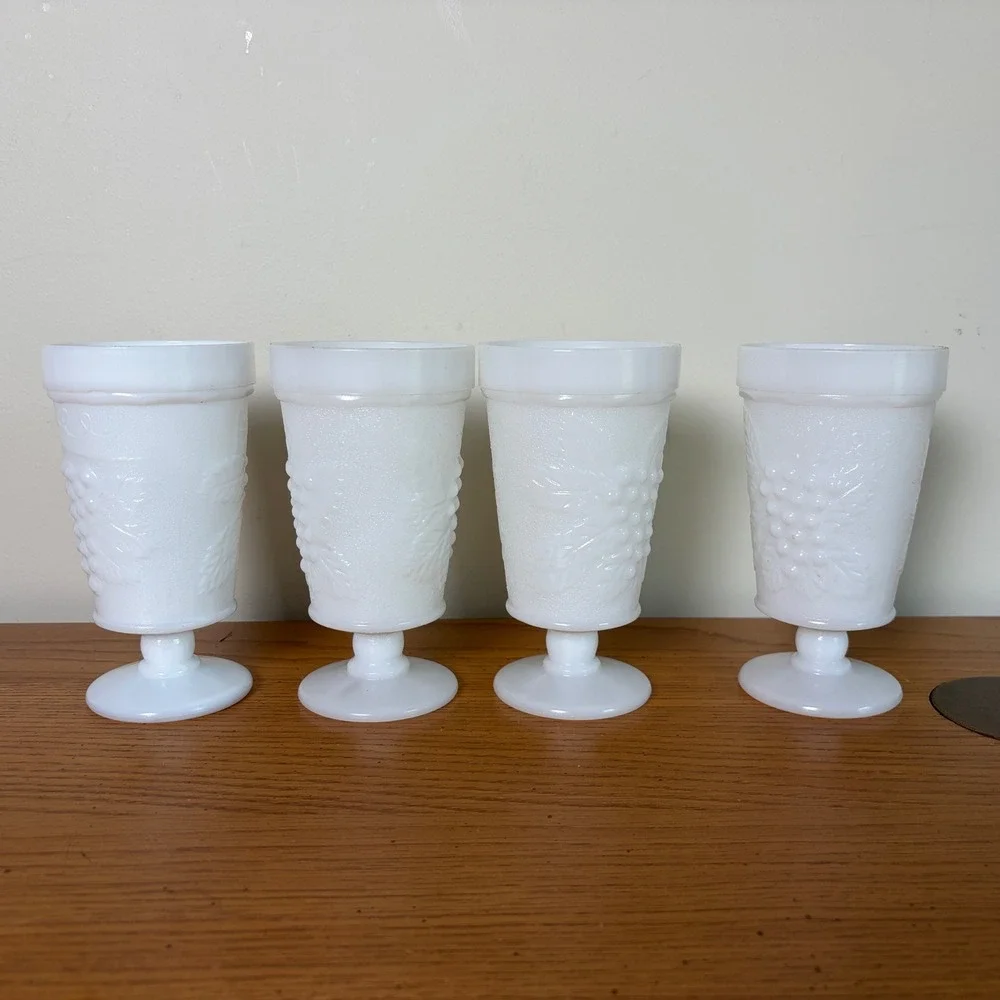 Vintage Westmoreland Milk Glass Paneled Grape Footed Goblets Set of 4 White MCM